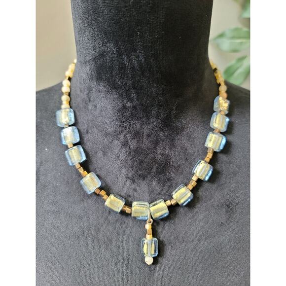 Women's Blue And Gold Glass Beaded Necklace With Barrel Screw Clasp Lock - Picture 3 of 6